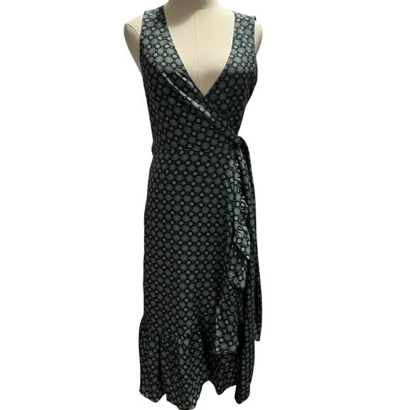 Tory Burch Logo Medallion Batik Print Ruffle Wrap Boho Green Blue Dress Sz 6 - Picture 2 of 8